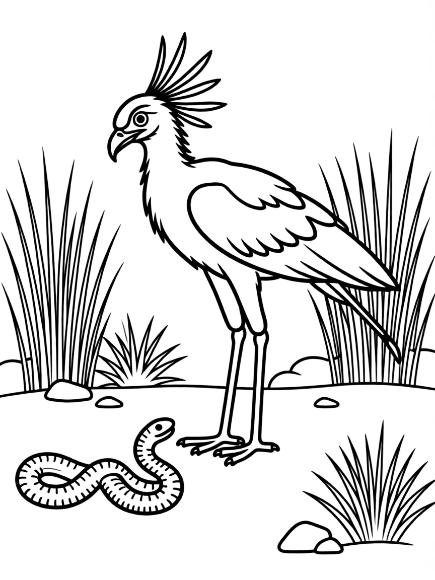 A secretary bird hunting snakes in the savanna  
