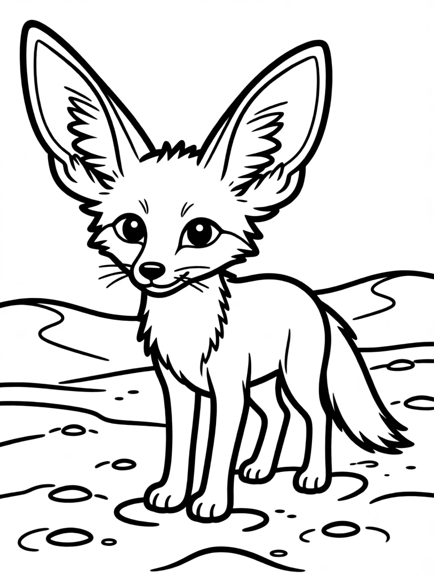 A fennec fox with big ears standing in the sand  