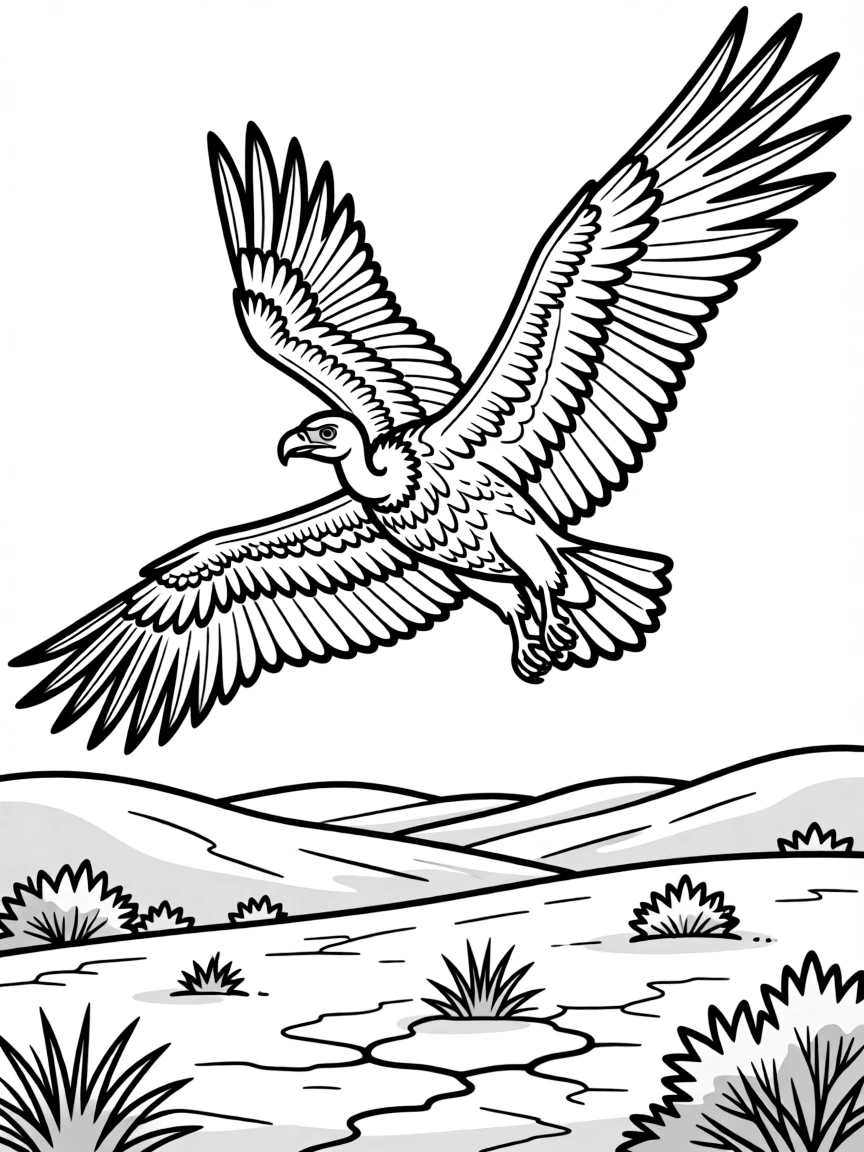 A vulture circling above the dry landscape  