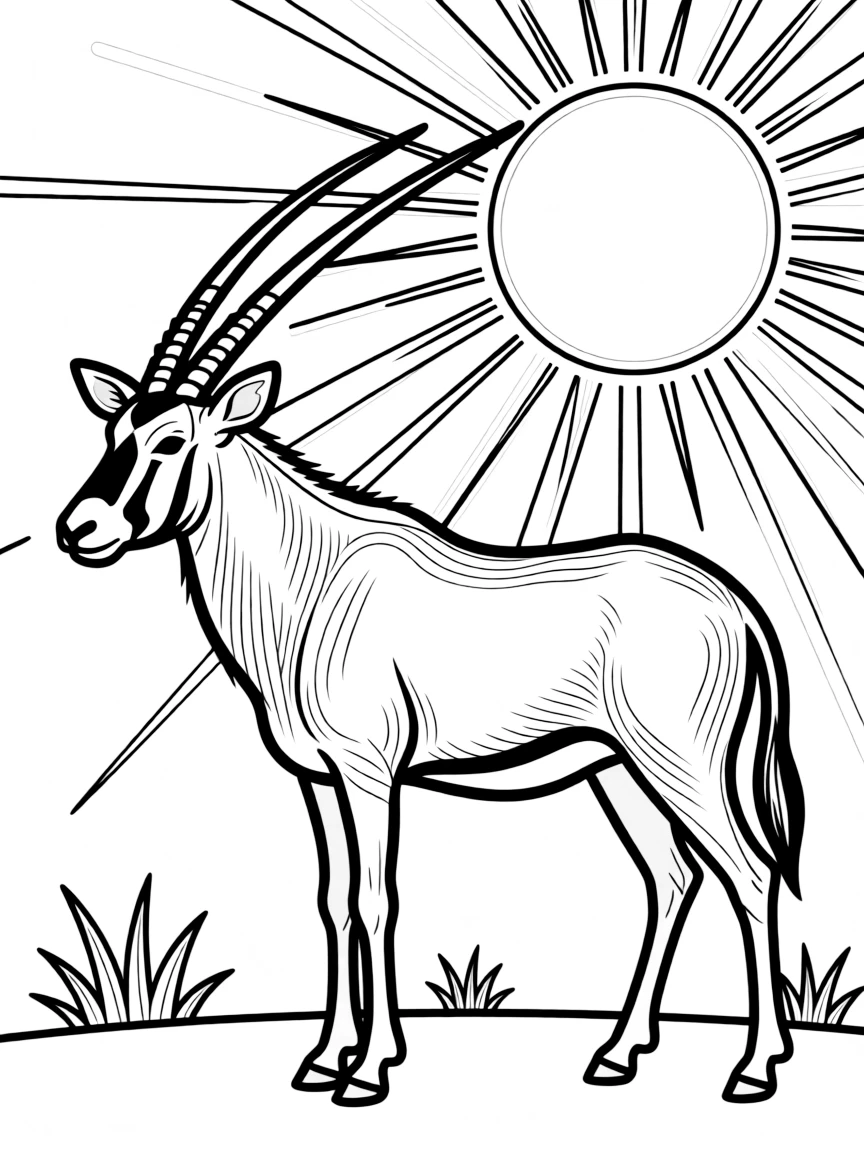 An oryx with long curved horns standing under the sun  