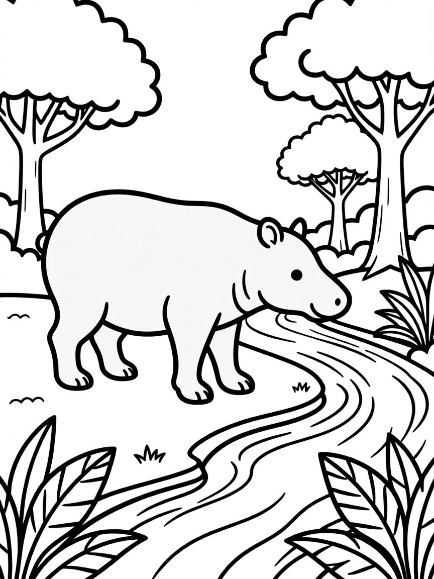 A tapir walking near a jungle river  