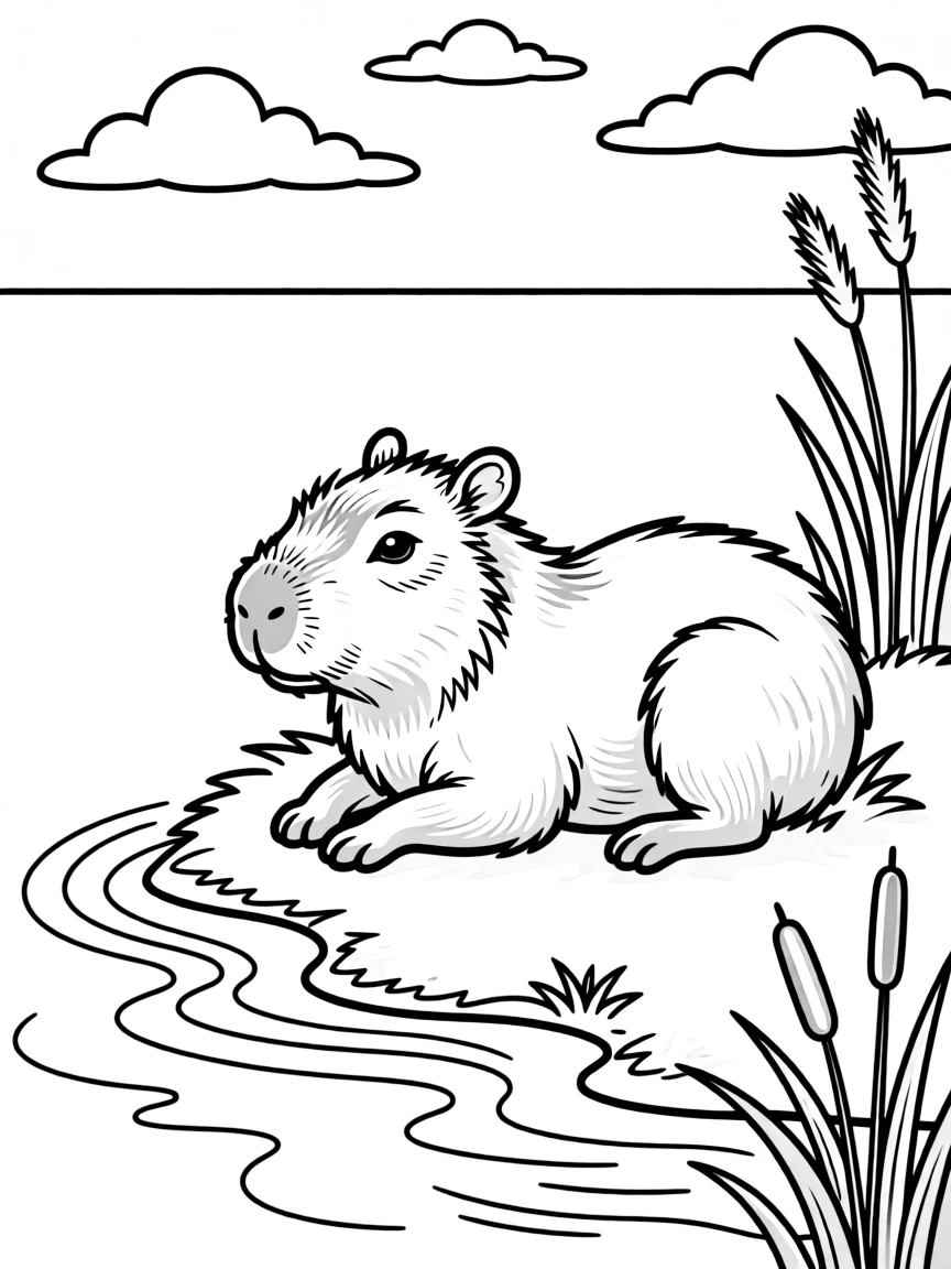 A capybara resting near the water’s edge  