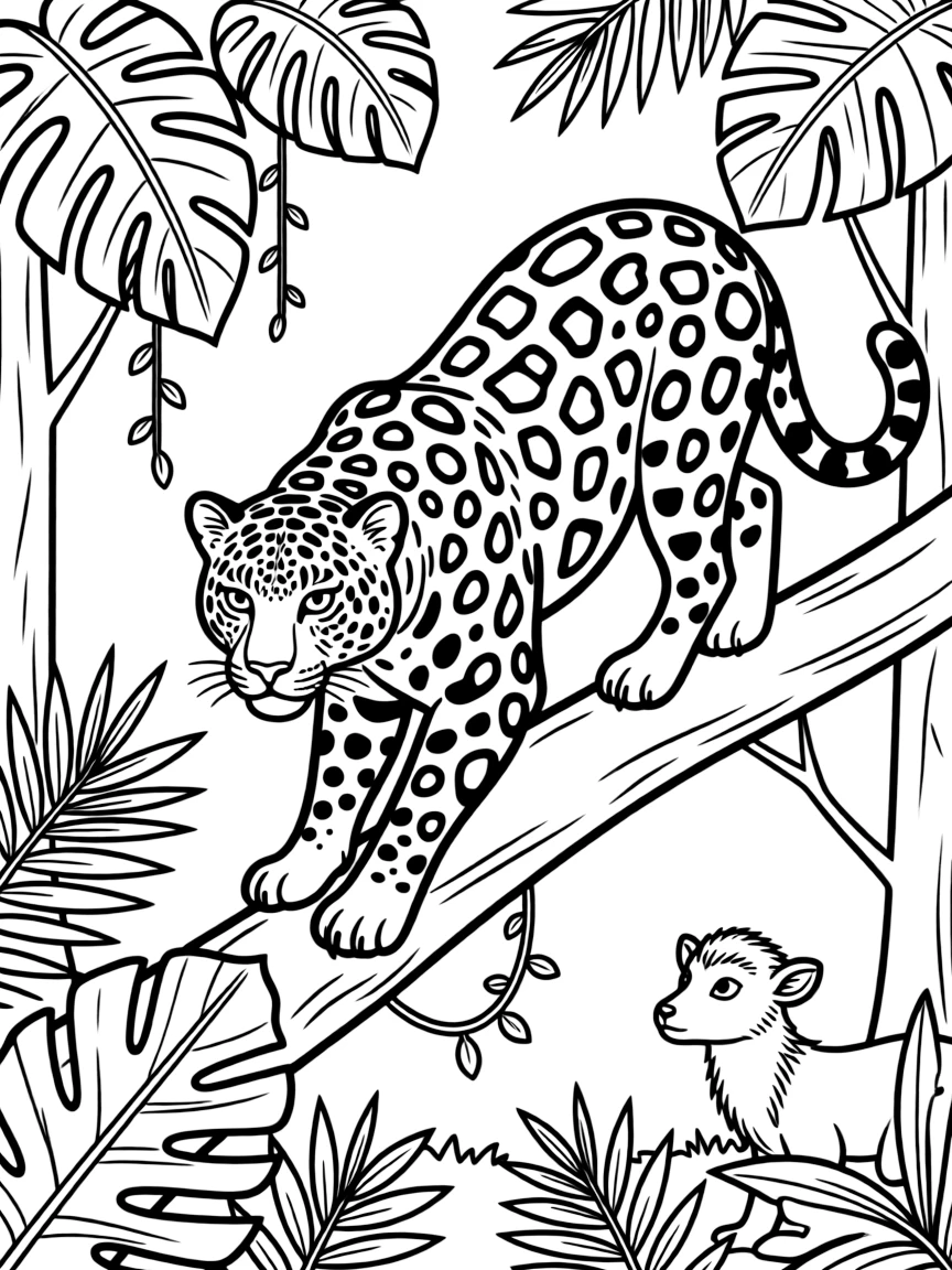 A jaguar stalking its prey in the rainforest  