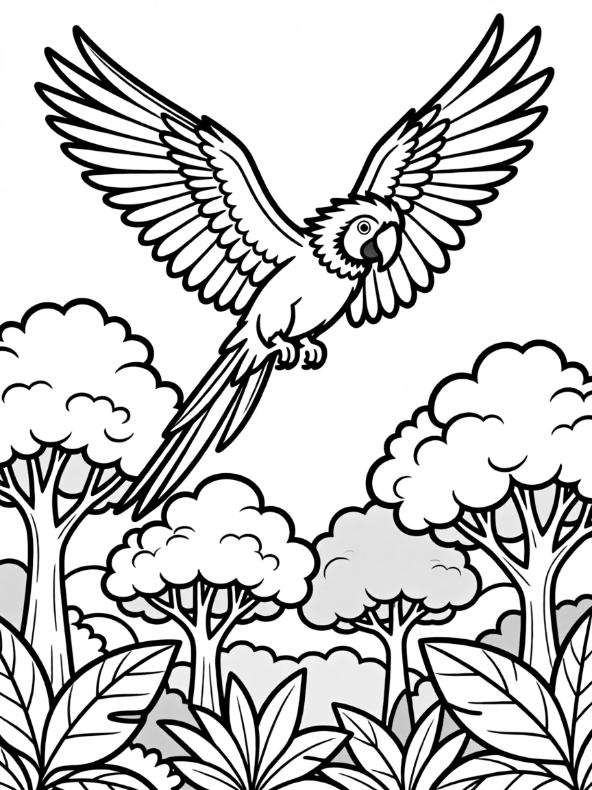 A macaw flying above the rainforest canopy  
