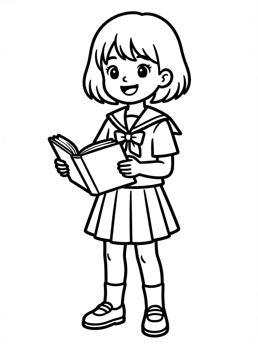 A cheerful schoolgirl with short bob hair wearing a sailor uniform and holding a book