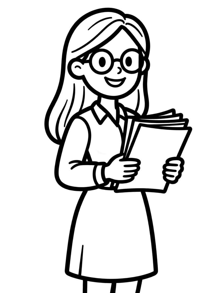 A gentle teacher with glasses and long hair carrying a stack of papers