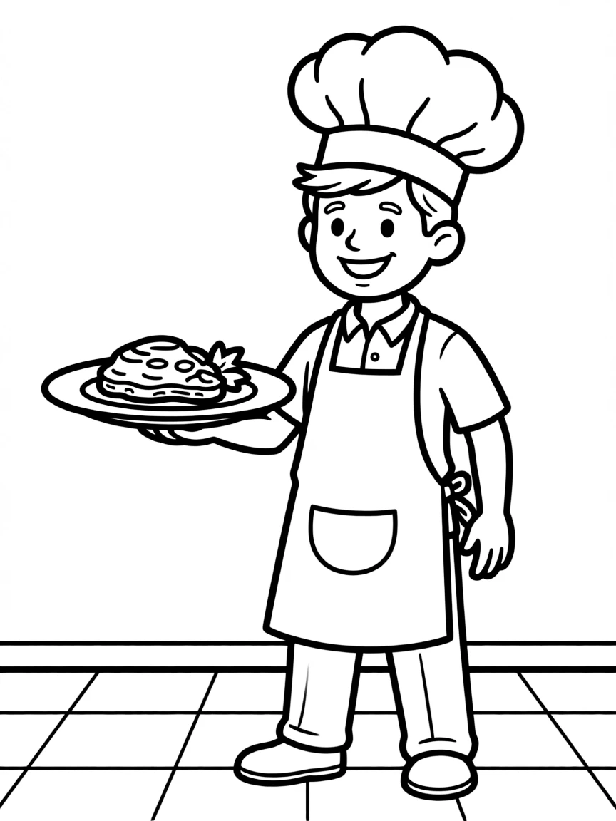 A confident chef with a tall hat and apron presenting a dish