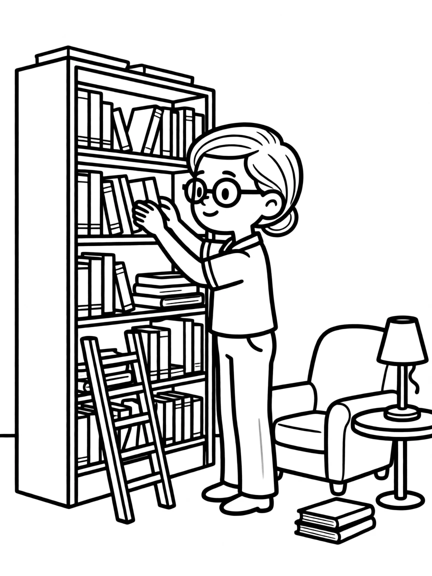 A shy librarian with half-frame glasses organizing books
