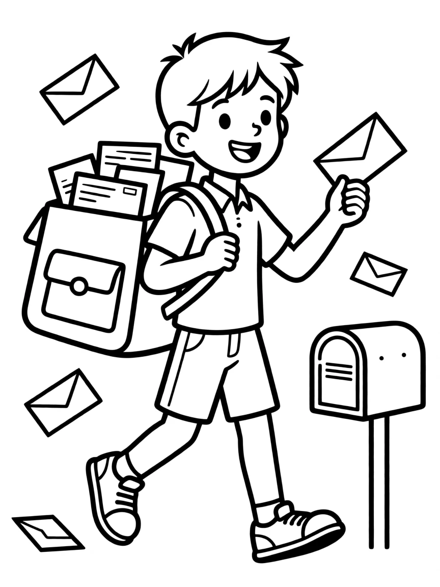 An energetic mail carrier with a messenger bag and a letter in hand