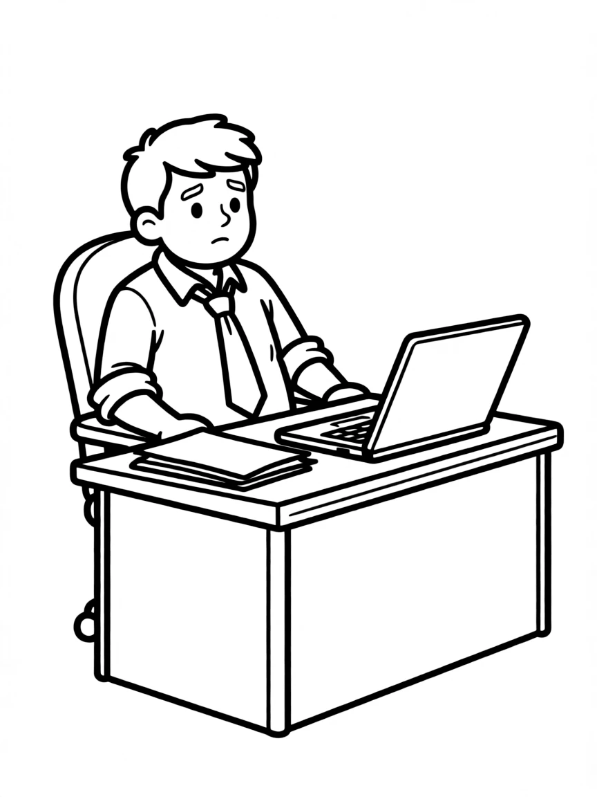 A tired office worker with loosened tie slouching at a desk