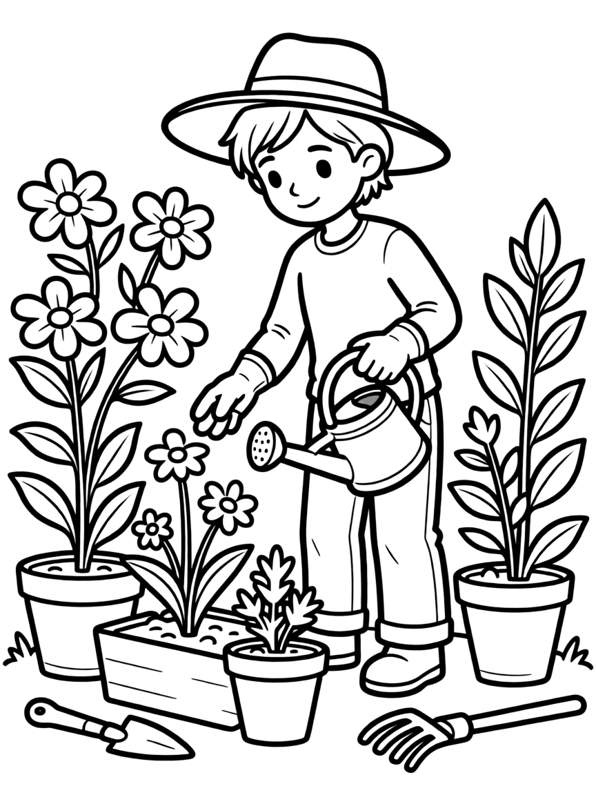 A meticulous gardener with gloves and a watering can tending to plants