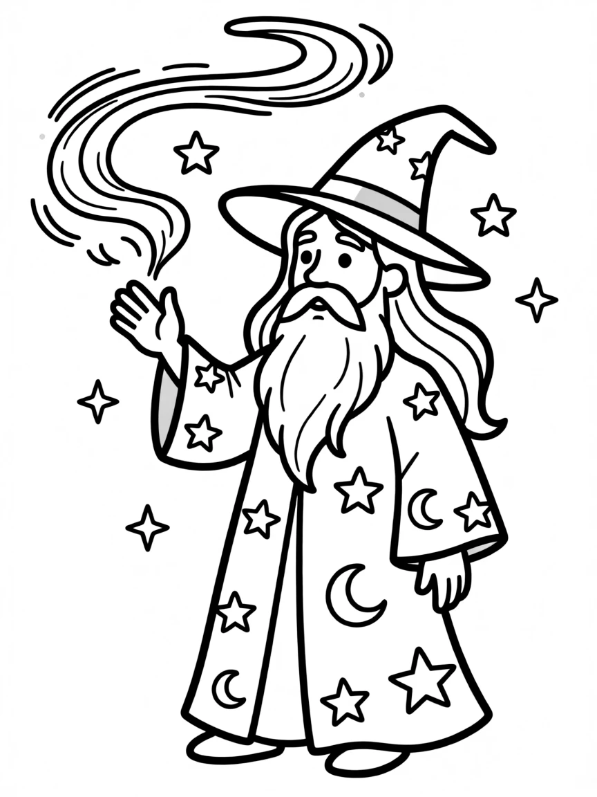 A wise wizard with a long beard and pointed hat casting a spell