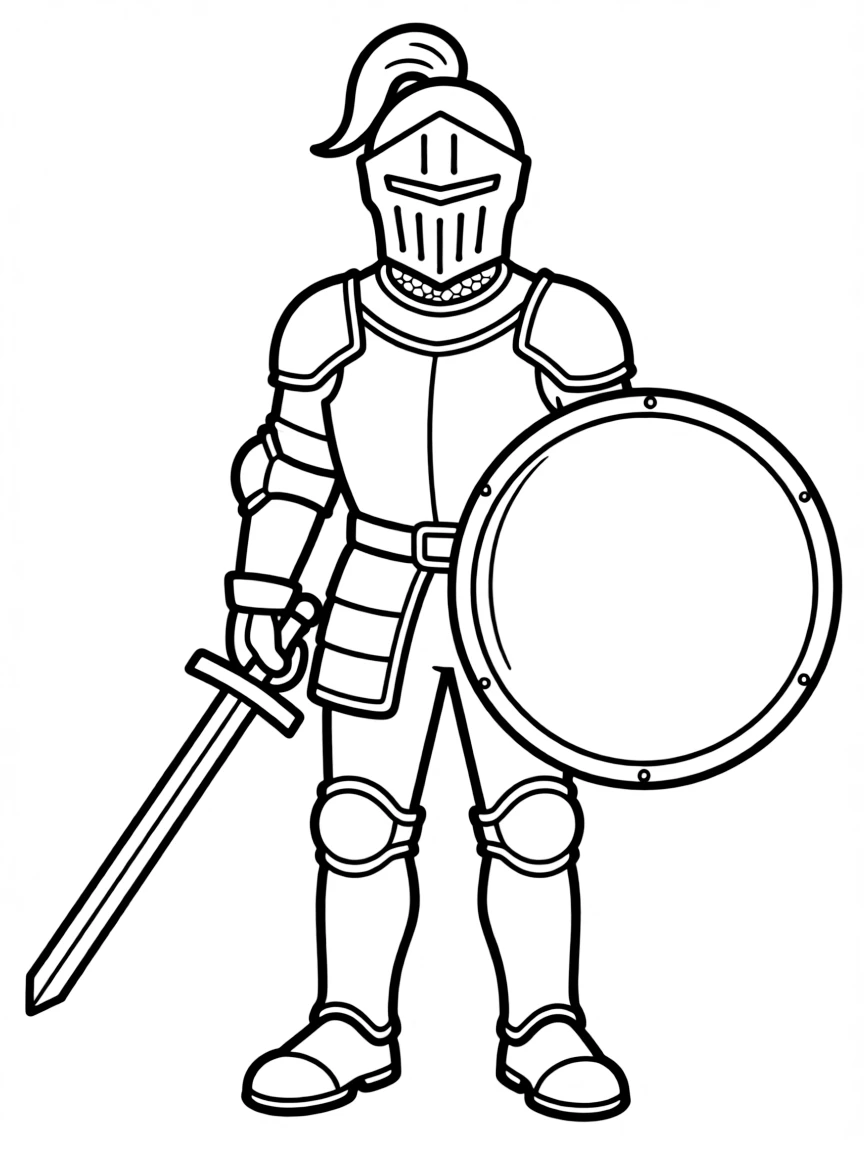 A brave knight in gleaming armor holding a shield and sword