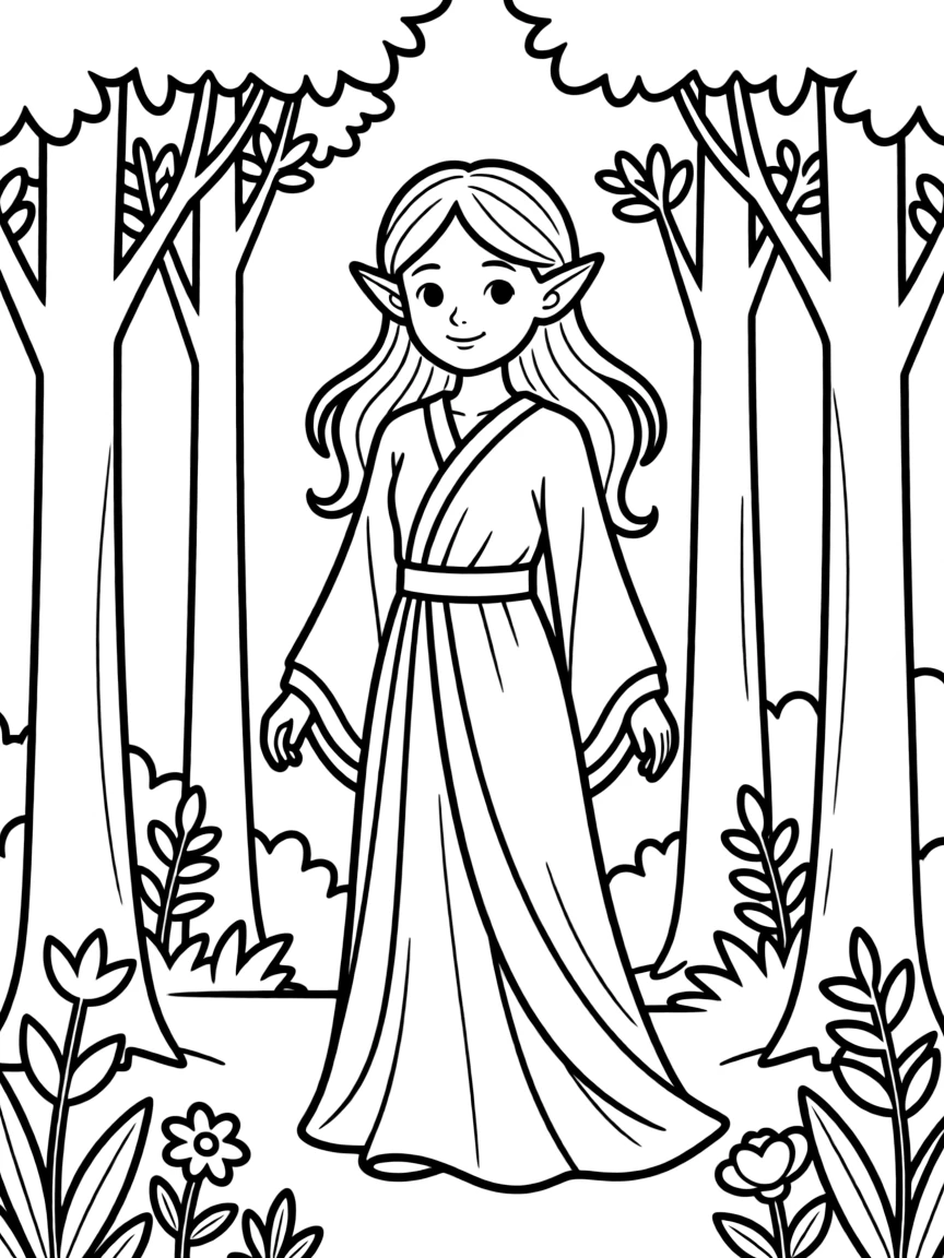 A graceful elf with pointed ears and flowing robes in a forest