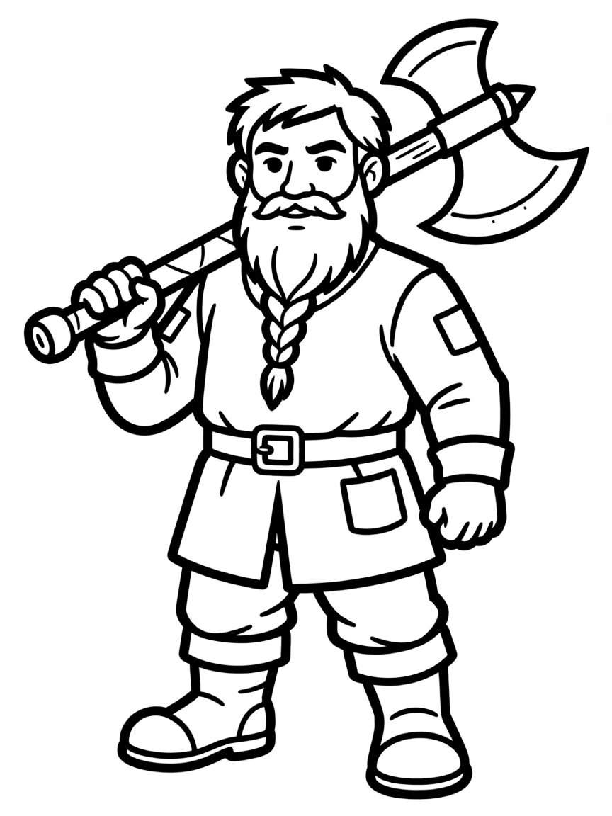 A sturdy dwarf with a braided beard carrying a battle axe