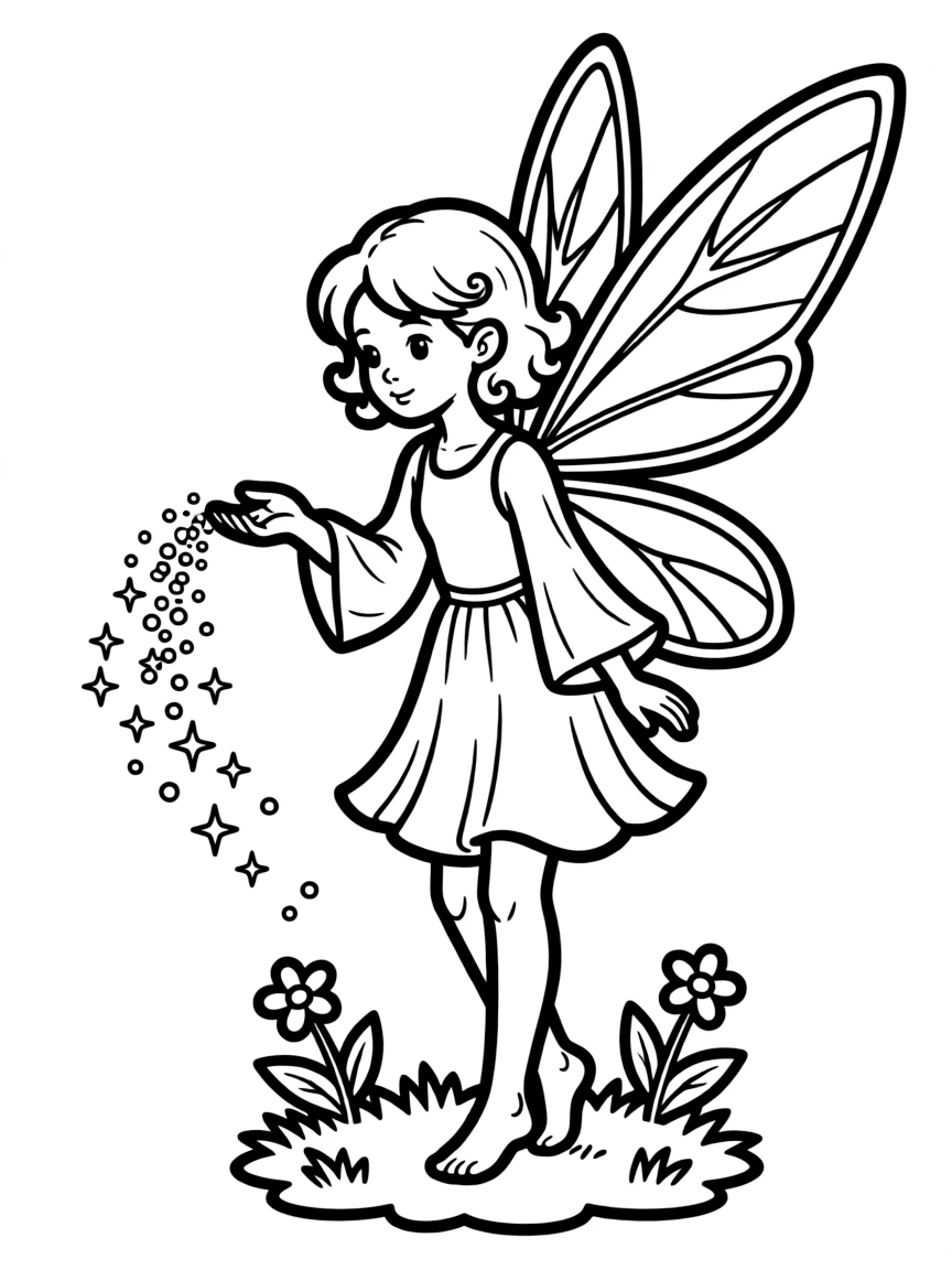 A mischievous fairy with gossamer wings sprinkling magical dust