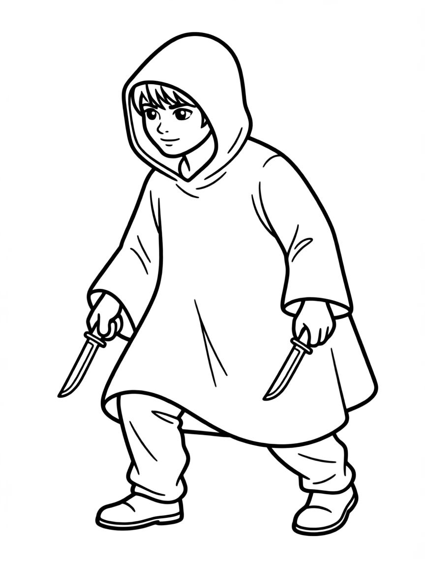 A stealthy thief with a hooded cloak and daggers