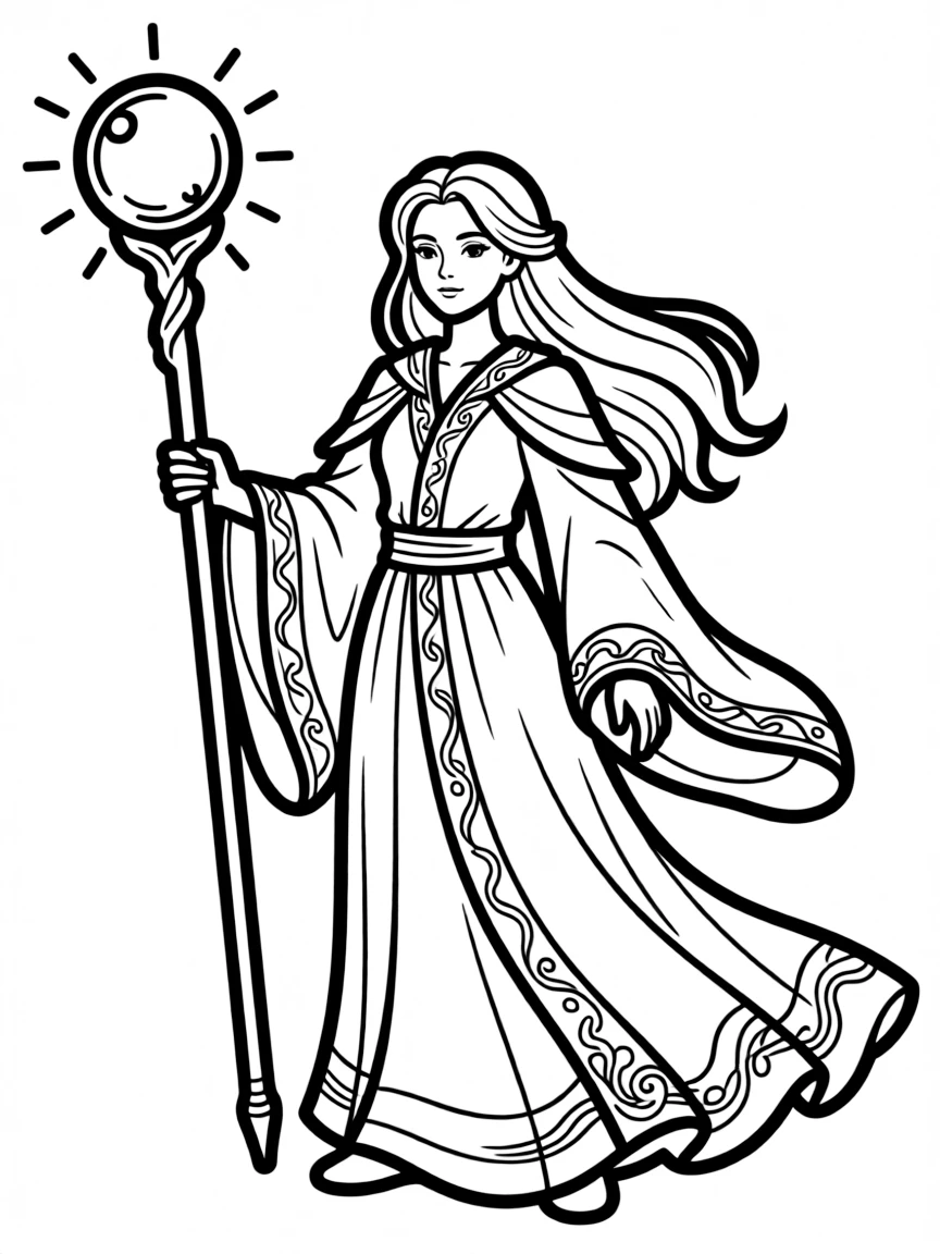 A powerful sorceress with elaborate robes and a magic staff