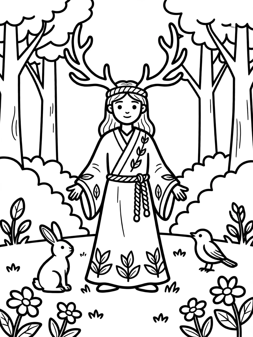 A mysterious druid with antlered headdress communing with nature