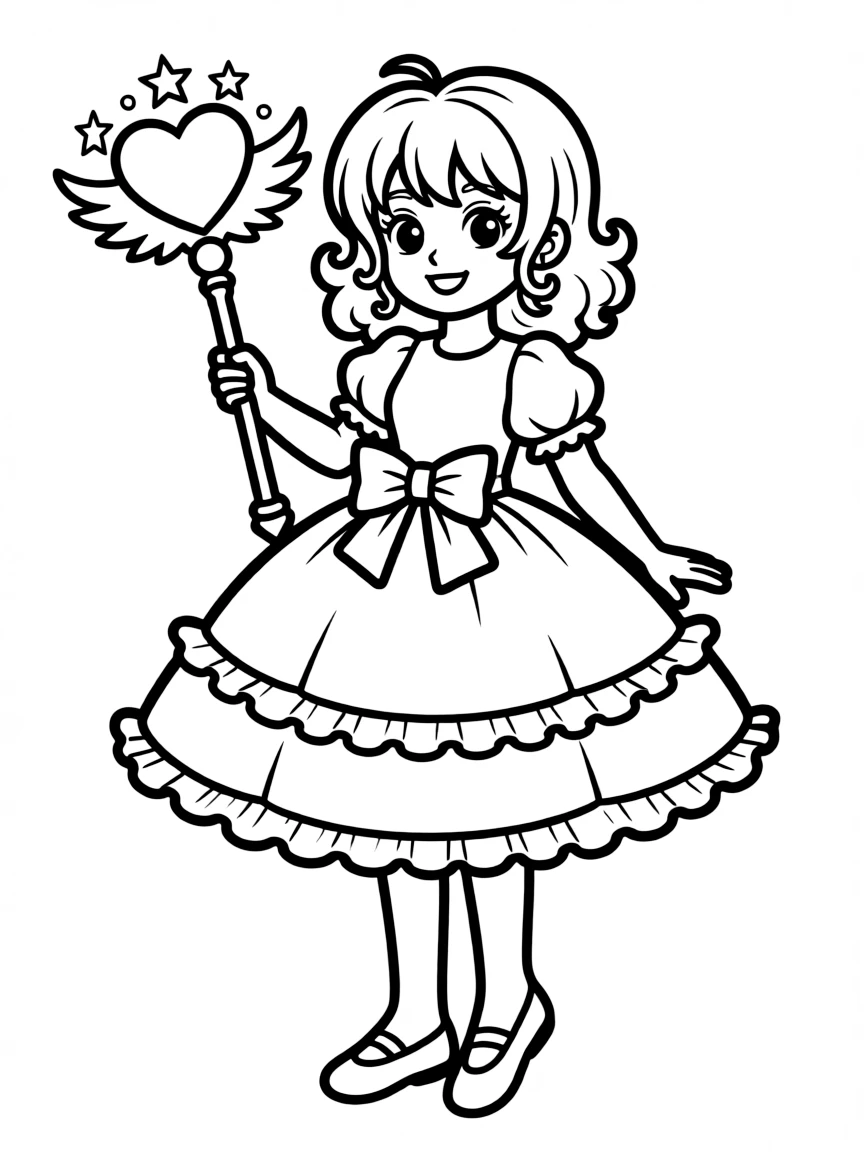 A magical girl in a frilly dress with a heart-shaped wand
