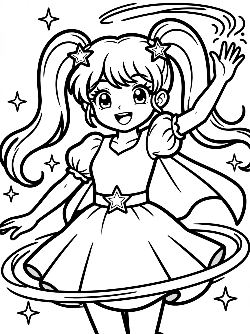 A twin-tailed heroine with star-shaped hair clips transforming