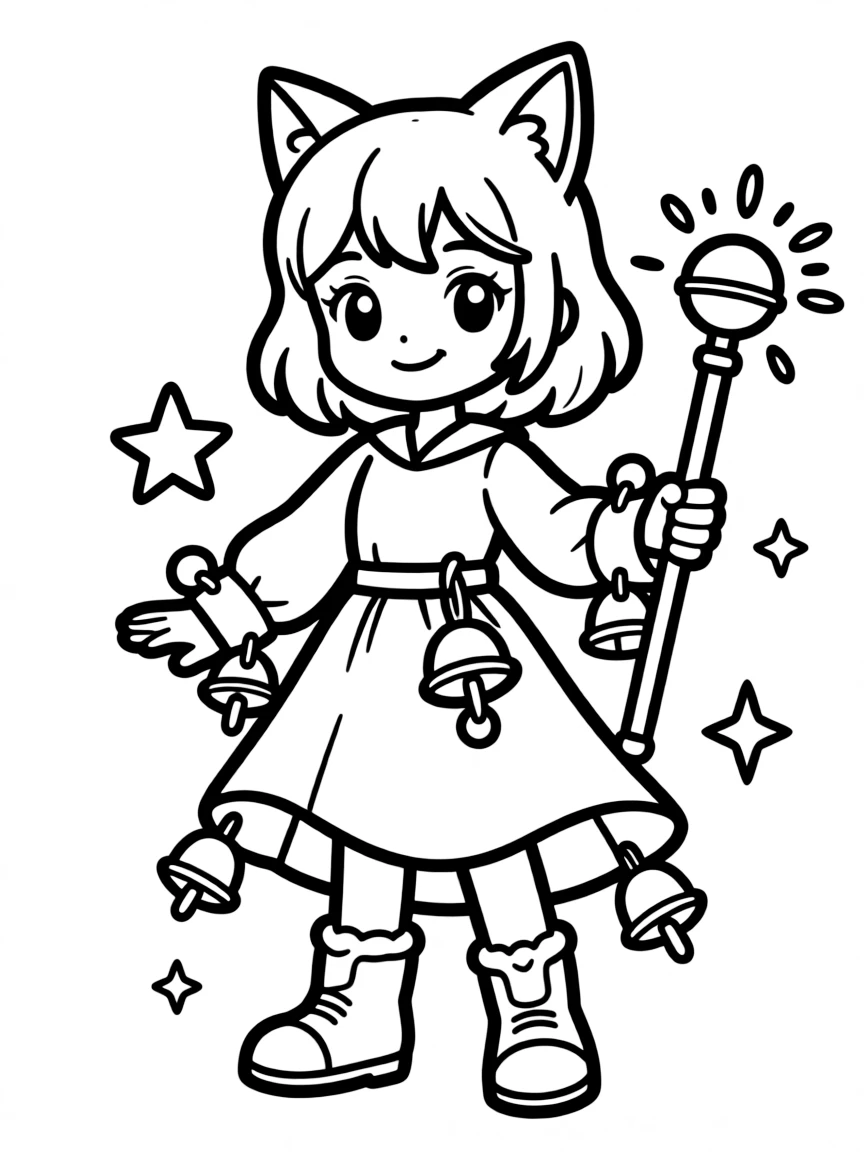 A cat-eared magical defender with bell accessories
