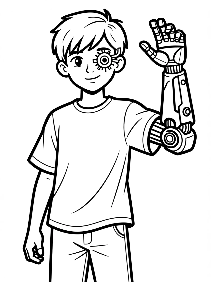 A cybernetic warrior with mechanical arm and eye implant