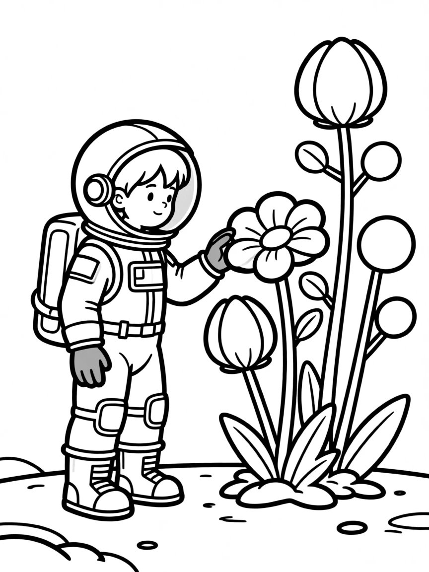 A space explorer in pressure suit examining alien flora
