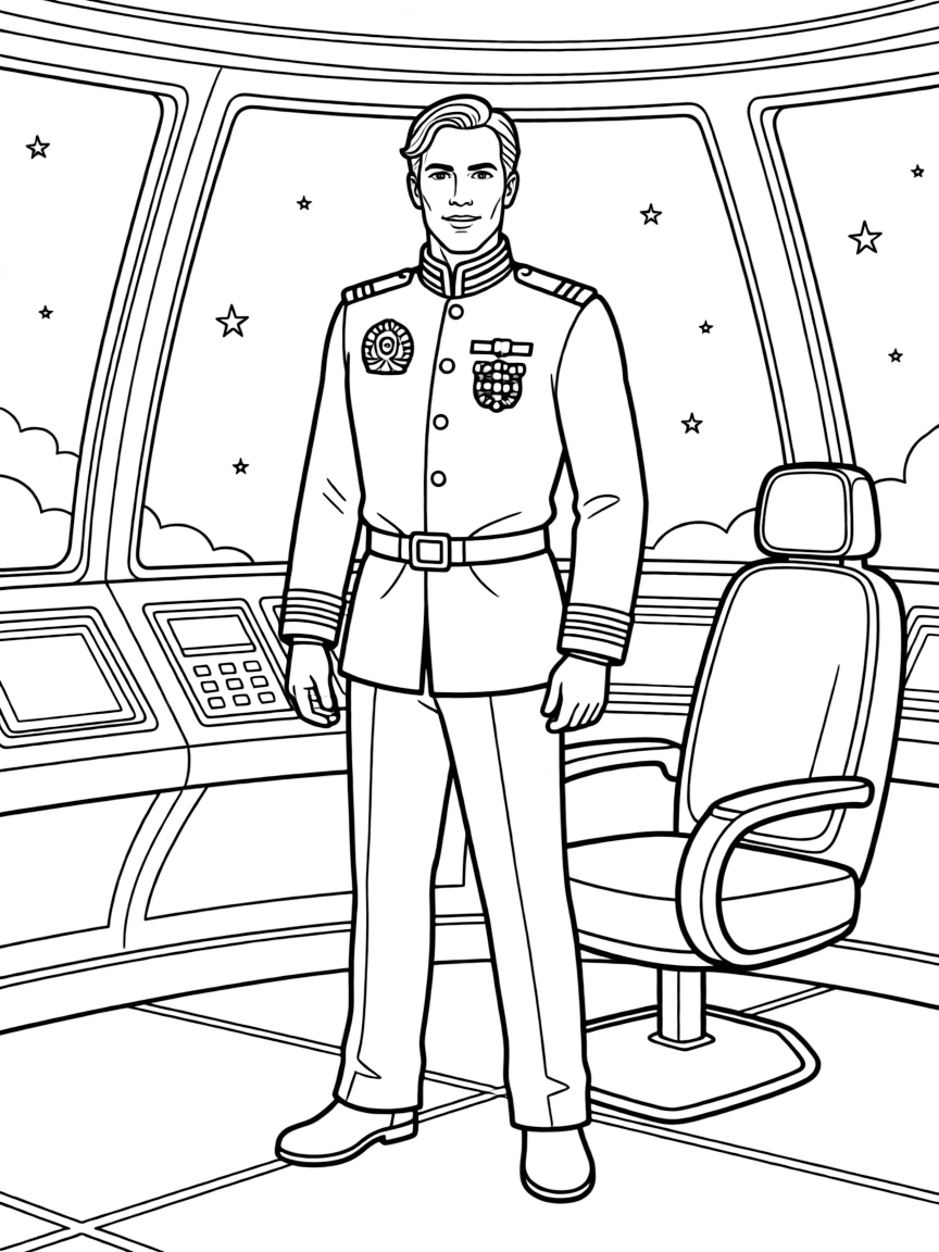 A starship captain in decorated uniform on the bridge
