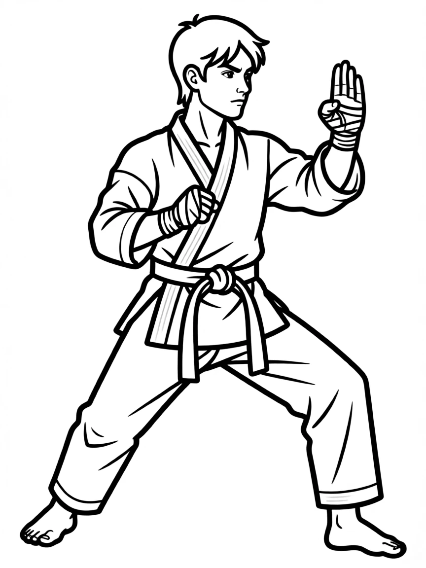A martial artist in gi with bandaged hands in fighting stance