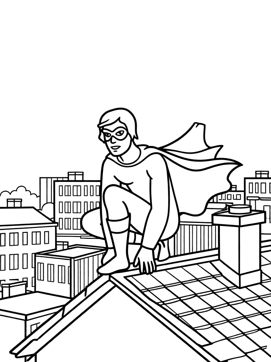A masked vigilante perched on a rooftop overlooking the city