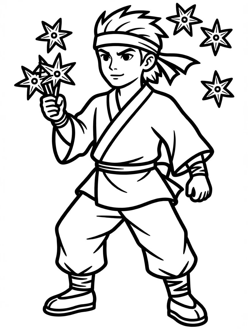 A ninja in traditional garb with throwing stars