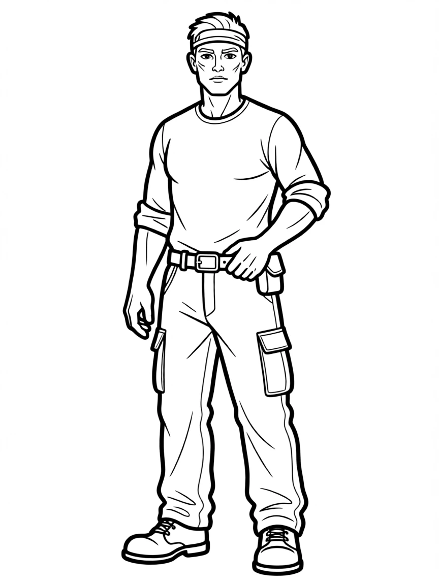 A battle-scarred veteran with utility belt and headband