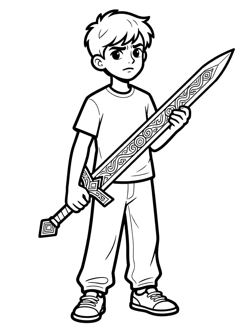 A reluctant champion with ancient weapon and casual clothes