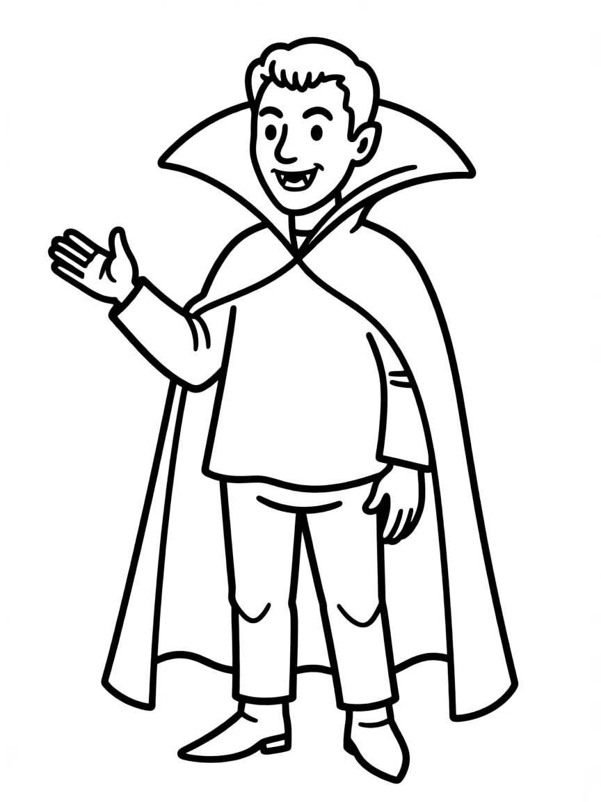 A vampire lord with high collar cape and fangs