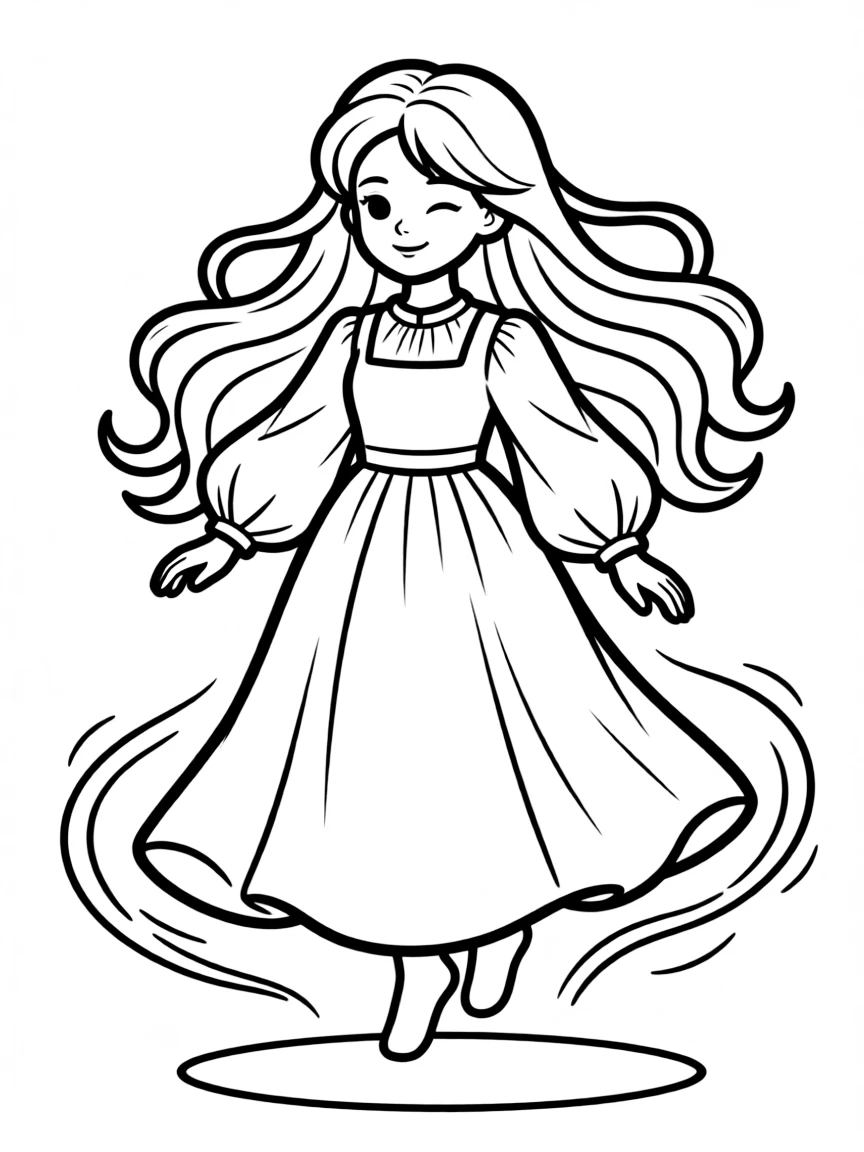 A ghost girl with flowing hair and traditional dress