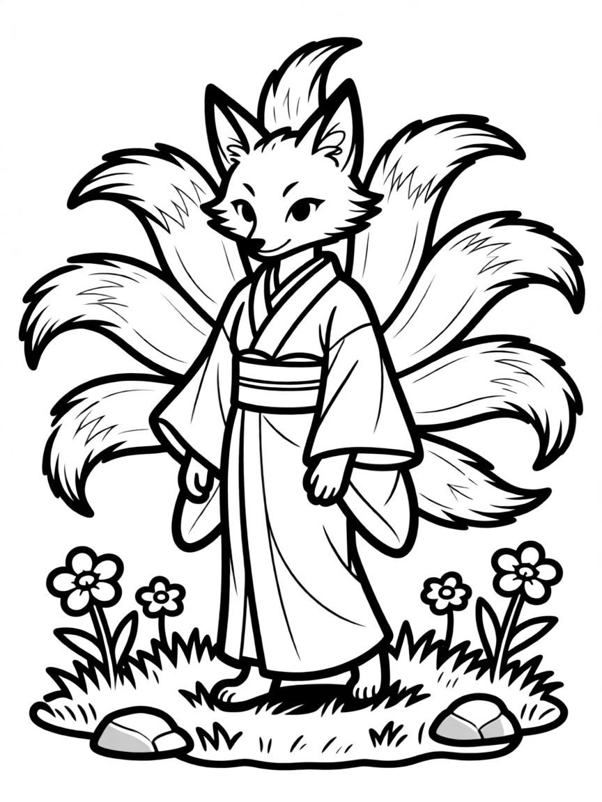 A kitsune with multiple tails and fox ears