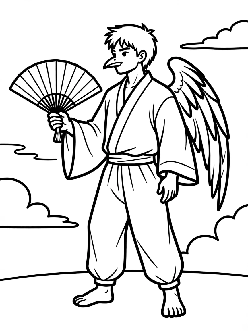 A tengu with crow features and fan