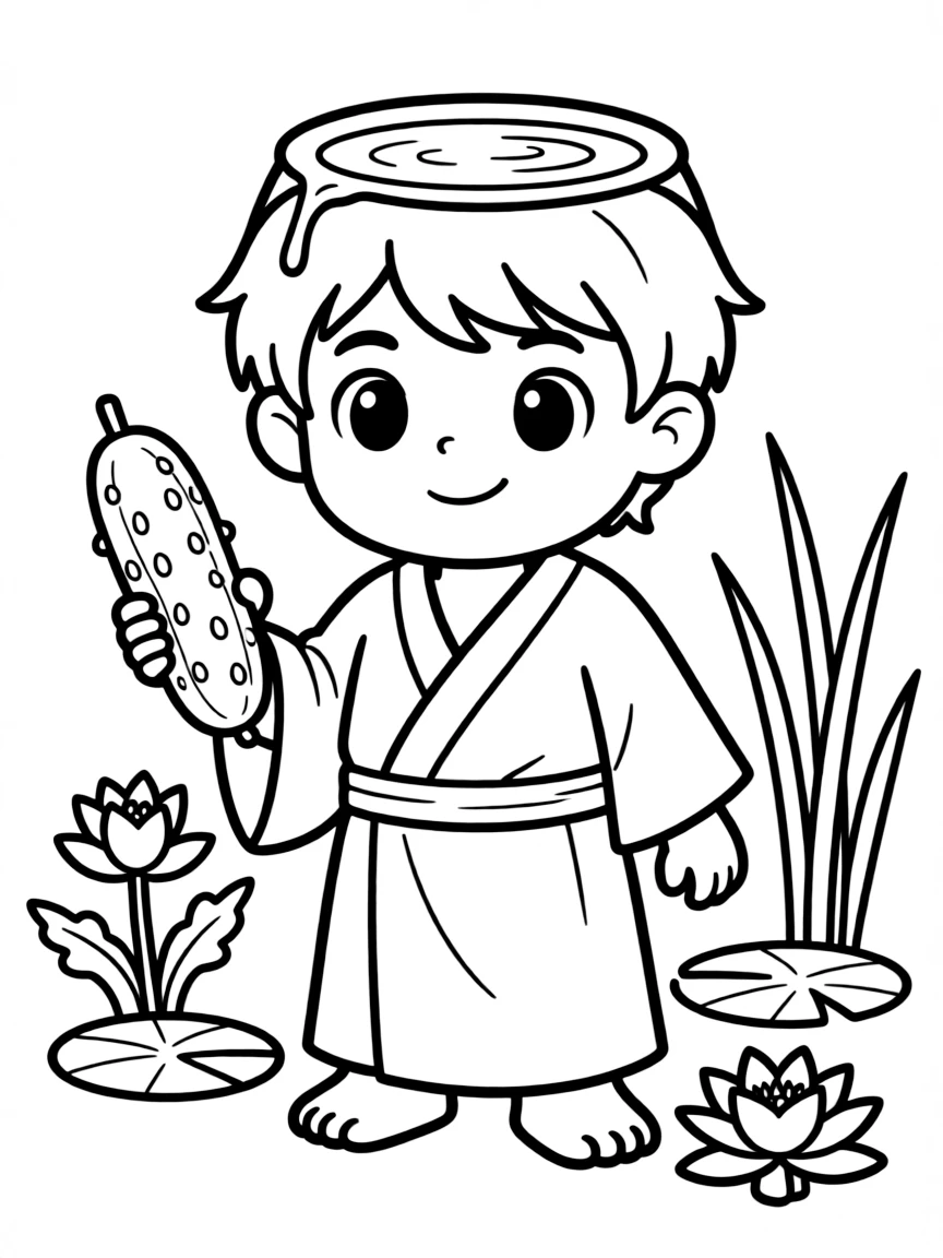 A kappa with water-filled head depression and cucumber