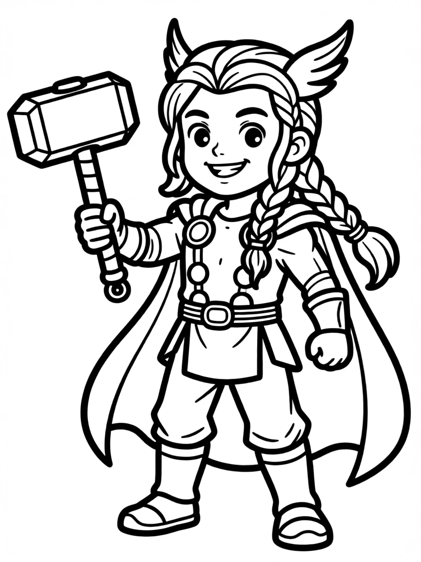 An anime-style Thor with mighty hammer and braided hair