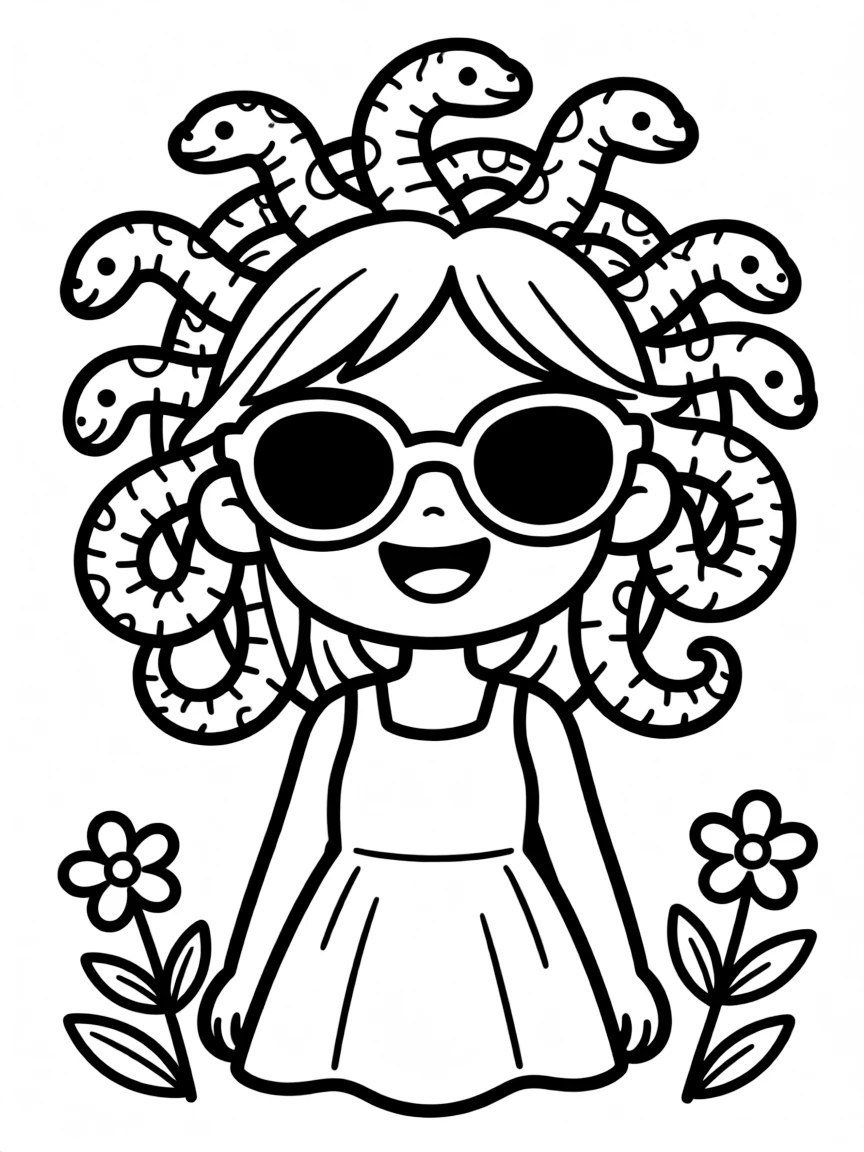 A cute Medusa with snake hair wearing sunglasses
