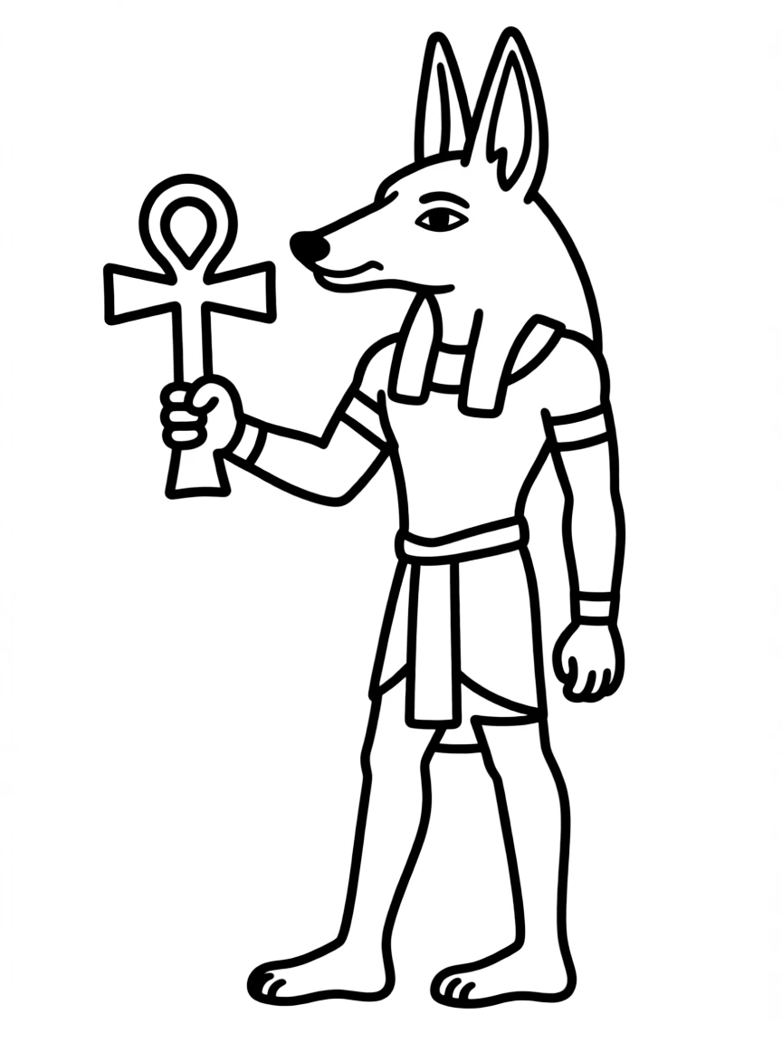 A stylized Anubis with jackal head and ankh