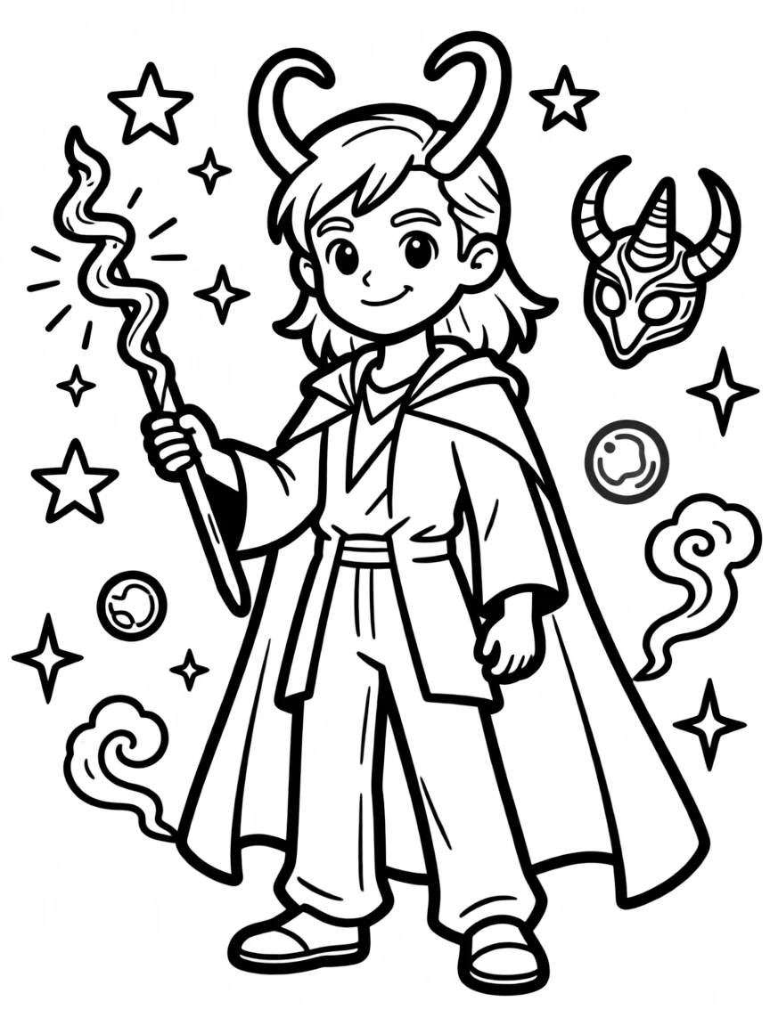 A mischievous Loki with changing appearance and magical items