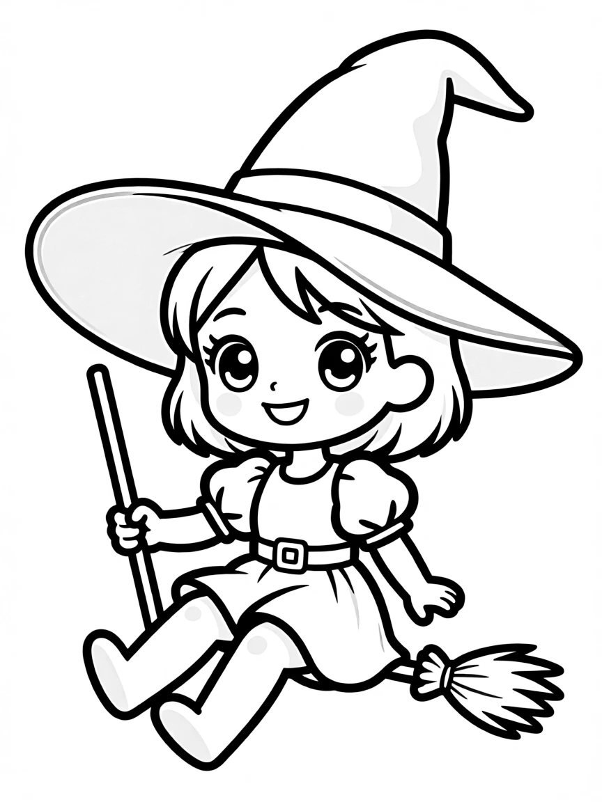 A chibi witch with giant hat and tiny broomstick