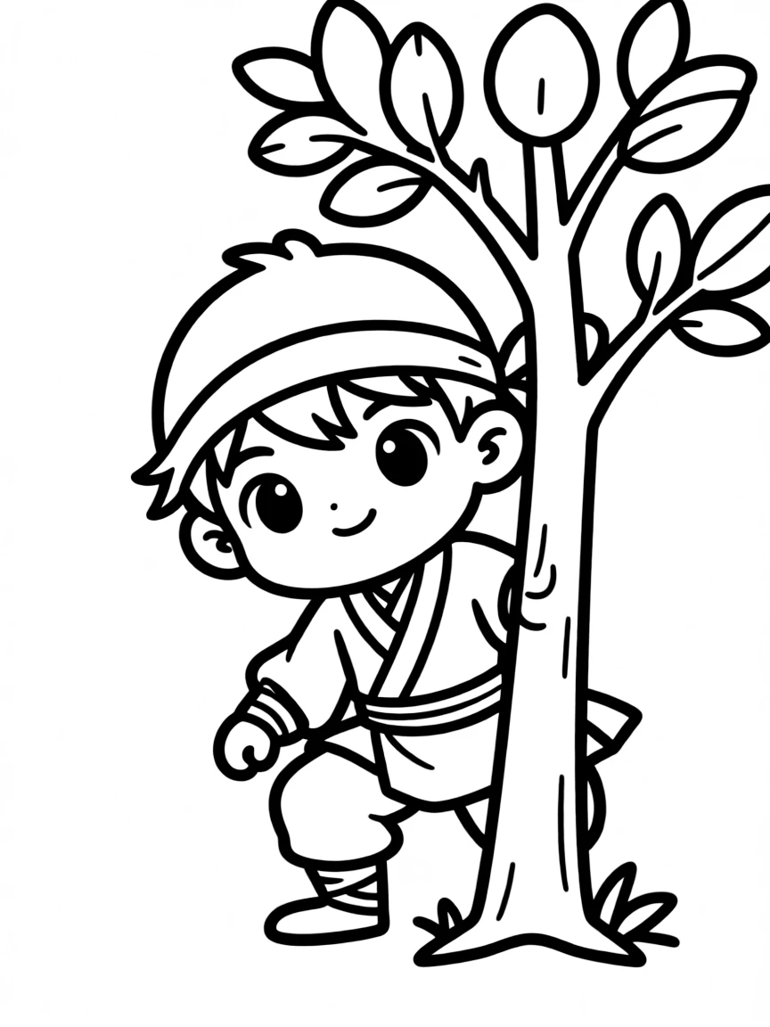 A chibi ninja trying to hide behind a small tree