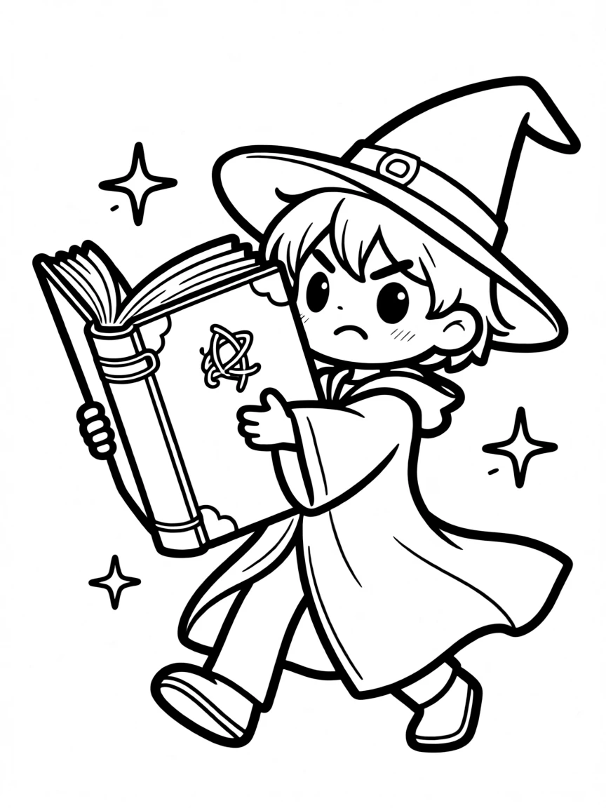 A chibi wizard attempting to carry a spell book bigger than himself