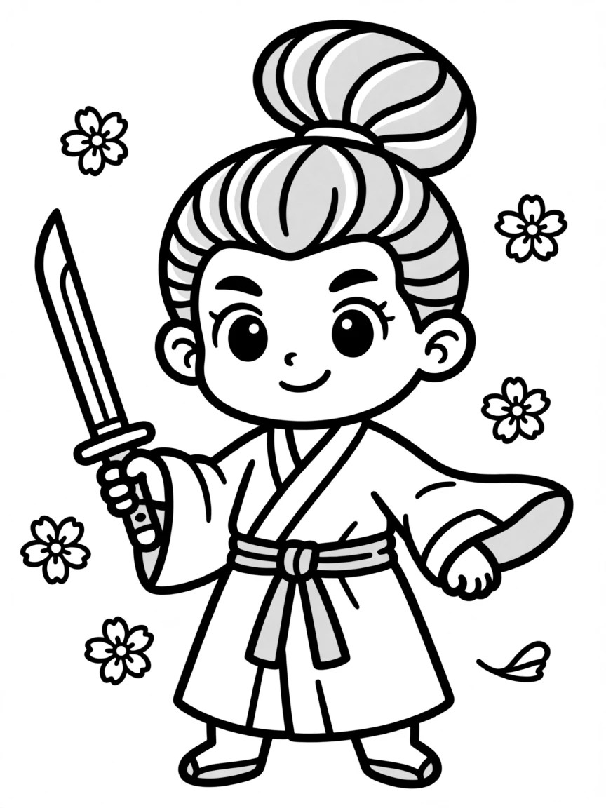 A chibi samurai with exaggerated topknot and miniature katana