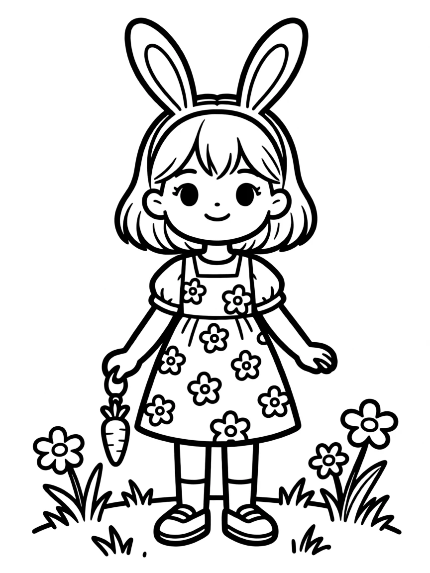 A rabbit-eared girl in a spring dress with carrot accessory