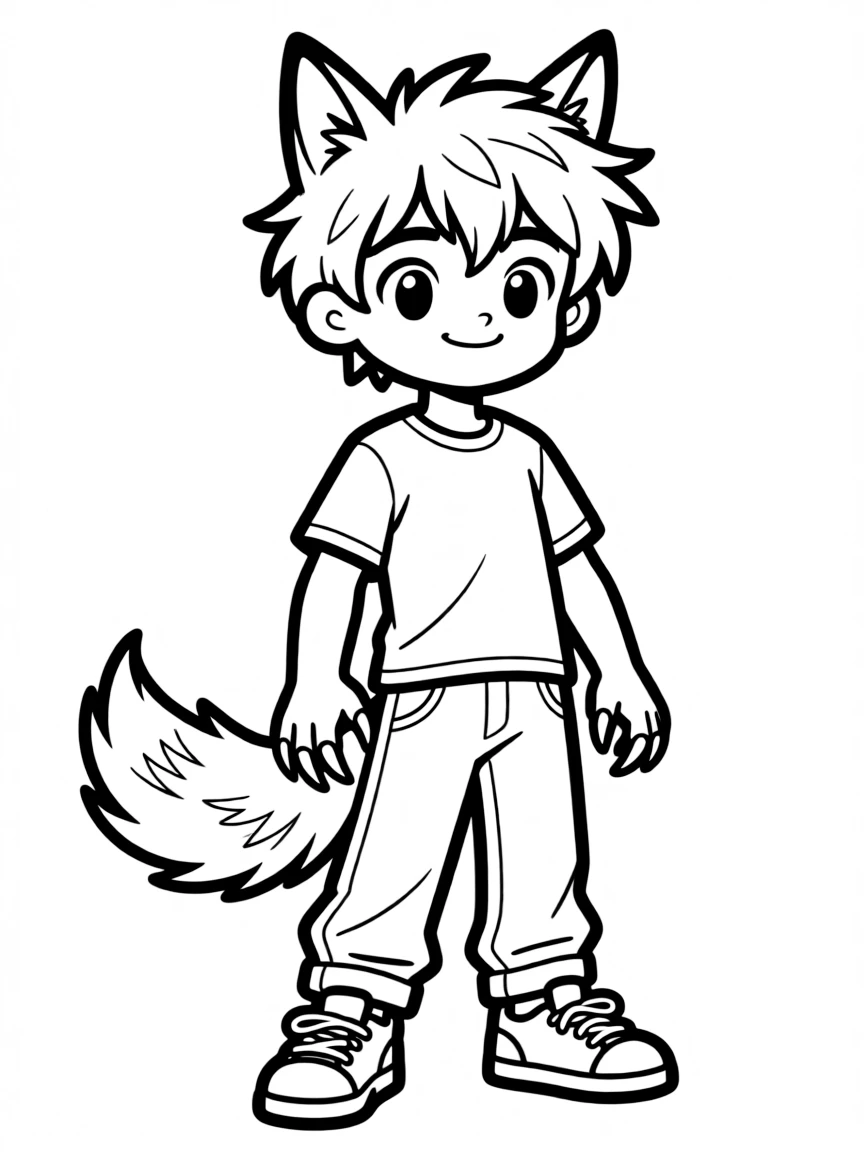 A wolf-boy with tail and claws in casual street clothes