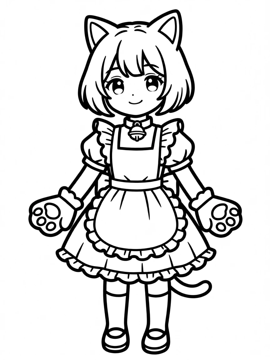 A cat-girl maid with bell collar and paw mittens
